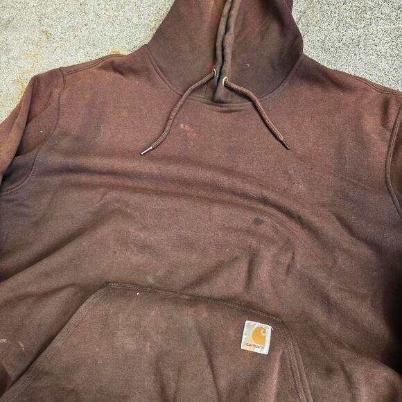 Vtg CARHARTT Box Logo Patch Earthtone Distressed Workwear Hooded Sweatshirt XL - Picture 3 of 6